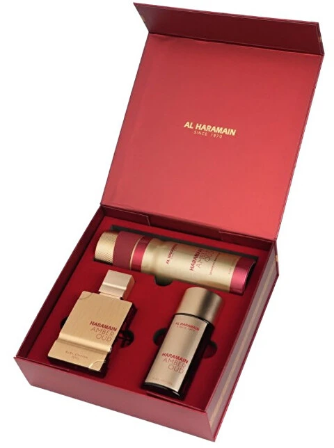 Al Haramain Amber Oud Ruby Edition rinkinys parfuminio vandens purškiklis 75ml + parfuminio vandens purškiklis 30ml + purškiamas dezodorantas 200ml