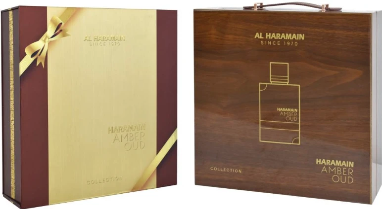 „Al Haramain Amber Oud Collection“ rinkinys 4 x 60 ml – „Amber Oud Gold“ leidimas + „Amber Oud Bleu“ leidimas + „Amber Oud Baltas“ leidimas + „Amber Oud Carbon“ leidimas