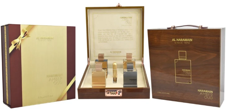 „Al Haramain Amber Oud Collection“ rinkinys 4 x 60 ml – „Amber Oud Gold“ leidimas + „Amber Oud Bleu“ leidimas + „Amber Oud Baltas“ leidimas + „Amber Oud Carbon“ leidimas