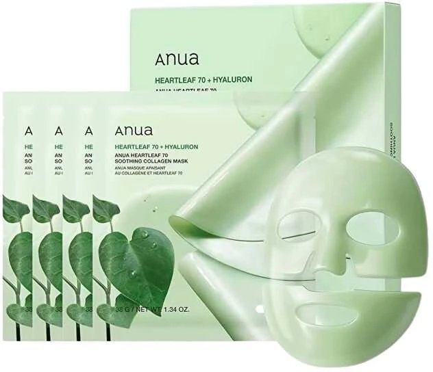 Veido kaukė Anua Heartleaf 70+Hyaluron Soothing Collagen Mask 38 g 4 vnt.