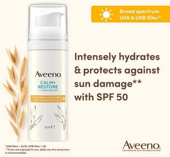 Aveeno drėkinamasis losjonas SPF 50 Calm+Restore (drėkinamasis losjonas) 50 ml