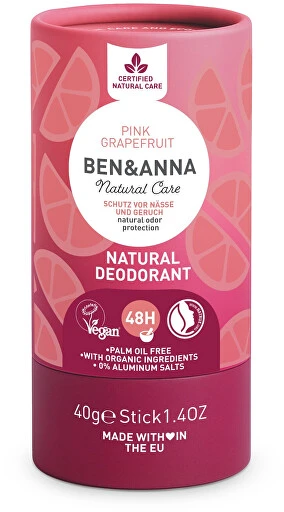 Ben & Anna Natural Soda Dezodorantas natūralus soda pagrindu pagamintas dezodorantas, kartoninis lazdelė Rožinė Grepefruit 40g