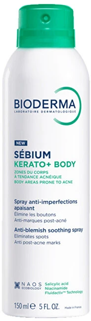 Bioderma Sebium Kerato+ Body Purškiklis raminamasis kūno purškiklis nuo spuogų į aknę linkusiai odai, 150 ml