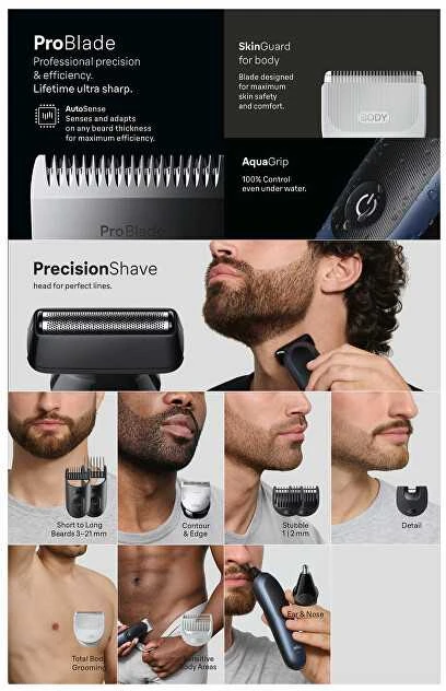 Braun 11in1 priežiūros rinkinys | Viskas viename, 7 serija, AIO7540 | Belaidis | Ilgio pakopų skaičius: 14 | Juodas/Mėlyna