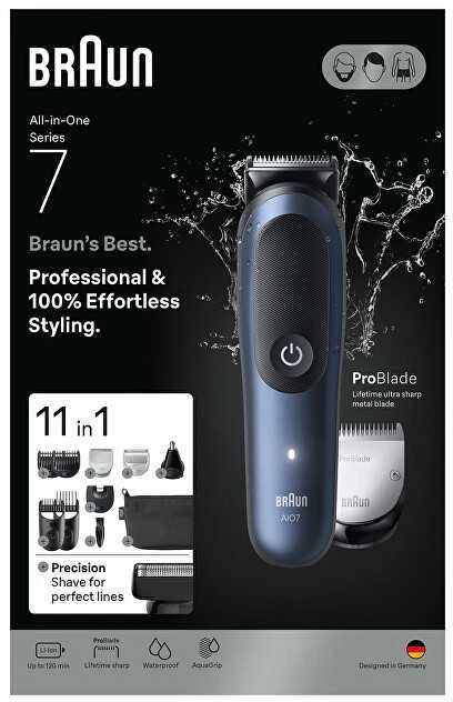 Braun 11in1 priežiūros rinkinys | Viskas viename, 7 serija, AIO7540 | Belaidis | Ilgio pakopų skaičius: 14 | Juodas/Mėlyna