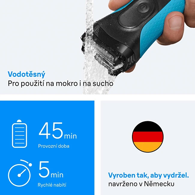 „Braun“ 3+ serijos elektrinis skustuvas, precizinis kirptuvas, drėgnam ir sausam skutimui, 3040S – mėlynas