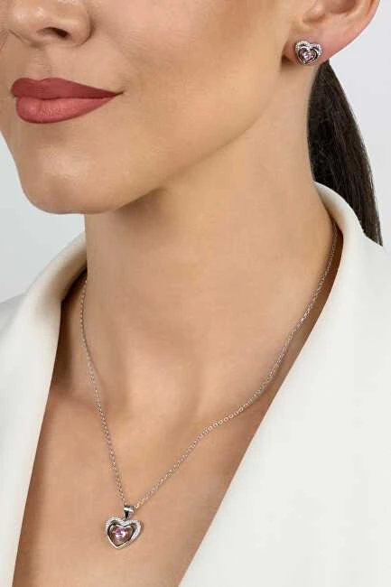 Brilio Silver Jewelry set Hearts with pink zircons SET295WP (chain, pendant, earrings)