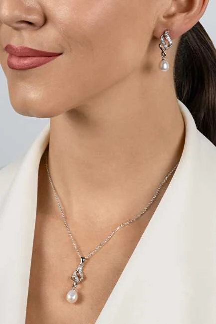 Brilio Silver Elegantiškas papuošalų rinkinys su cirkoniais ir perlais SET267W (karoliai, pakabukas, auskarai)