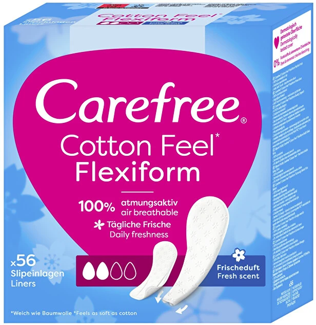 „Carefree“ medvilniniai įklotai „Flexiform Fresh Scent“ – gaivus kvapas, 1 pakuotė – 56 vnt.