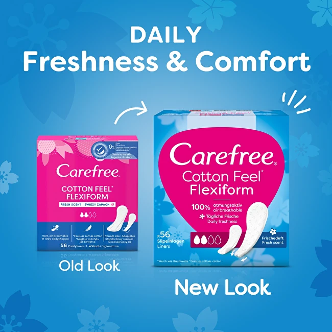 „Carefree“ medvilniniai įklotai „Flexiform Fresh Scent“ – gaivus kvapas, 1 pakuotė – 56 vnt.
