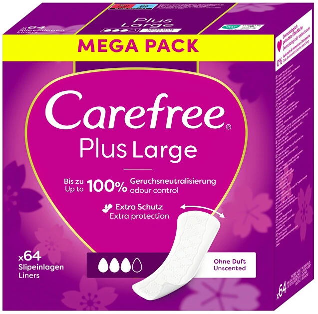 CAREFREE_Plus dideli lengvai kvepiantys įklotai, 64 vnt.