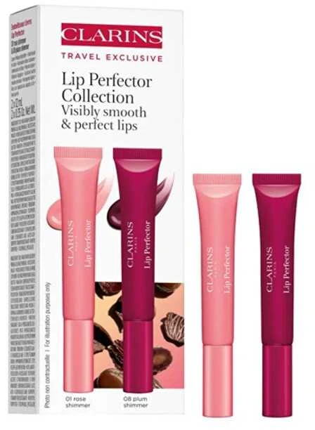 „Clarins Lip Perfector Duo“ rinkinys – 01 „Rose Shimmer“ 12 ml + 08 „Plum Shimmer“ 12 ml