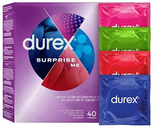 Durex Surprise Me prezervatyvų mišiniai 40 vnt tyrinėjimo malonumui