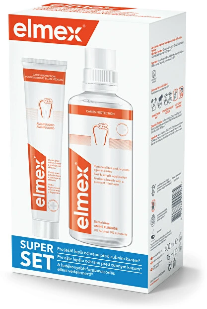 Rinkinys Elmex: Caries Protection burnos skalavimo skystis, 400 ml + Caries Protection dantų pasta, 75 ml