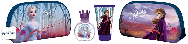 Disney Frozen II vaikiškos kosmetikos rinkinys (EDT tualetinis vanduo, 50 ml + dušo želė, 100 ml + kosmetinė)