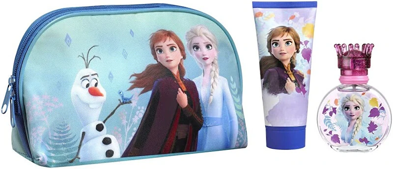 Disney Frozen II vaikiškos kosmetikos rinkinys (EDT tualetinis vanduo, 50 ml + dušo želė, 100 ml + kosmetinė)