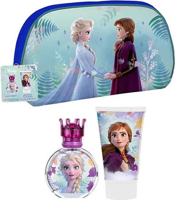 Disney Frozen II vaikiškos kosmetikos rinkinys (EDT tualetinis vanduo, 50 ml + dušo želė, 100 ml + kosmetinė)