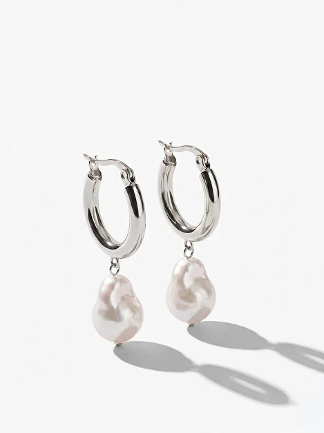 Furiosa Steel hoops with genuine baroque pearl Hoops SE-PEARLHOOPS-S