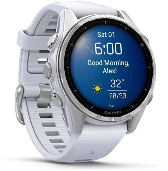 Išmanusis laikrodis Garmin Fenix 8 – 43 mm, AMOLED Sidabrinės spalvos korpusas su baltojo akmens spalvos silikoniniu dirželiu