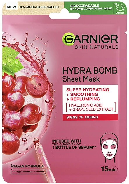 Garnier Skin Naturals Hydra Bomb Natural Origin vynuogių sėklų ekstrakto veido kaukė moterims, 1 vnt.