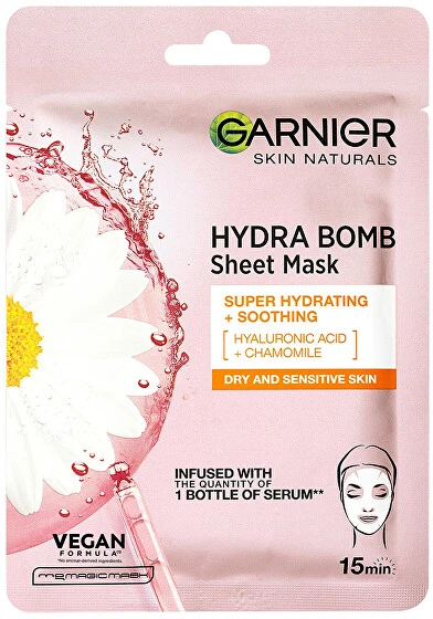 Garnier „Hydra Bomb“ raminamoji lakštinė kaukė su ramunėlių ekstraktu ir hialurono rūgštimi, 28 g