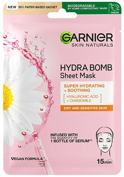 Garnier „Hydra Bomb“ raminamoji lakštinė kaukė su ramunėlių ekstraktu ir hialurono rūgštimi, 28 g
