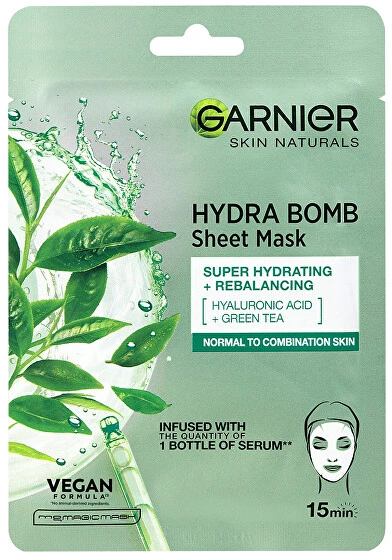 Garnier Hydra Bomb balansuojanti audinio kaukė su žaliosios arbatos ekstraktu ir hialurono rūgštimi 28g
