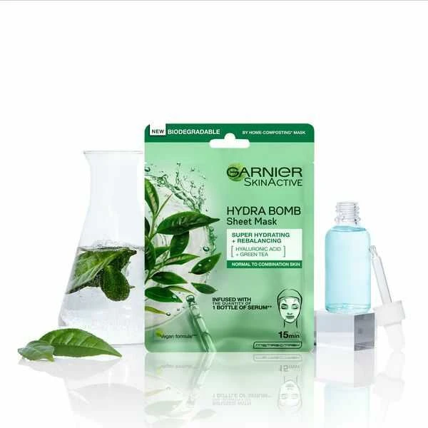 Garnier Hydra Bomb balansuojanti audinio kaukė su žaliosios arbatos ekstraktu ir hialurono rūgštimi 28g