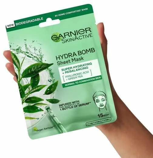 Garnier Hydra Bomb balansuojanti audinio kaukė su žaliosios arbatos ekstraktu ir hialurono rūgštimi 28g