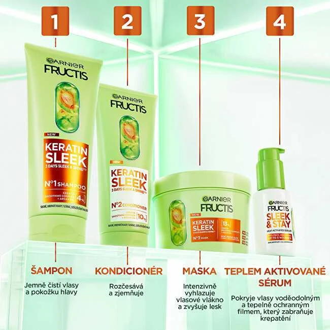 Garnier Serumas sausiems ir besiveliantiems plaukams Fructis Keratin Sleek (šilumos aktyvuojamas serumas) 50 ml