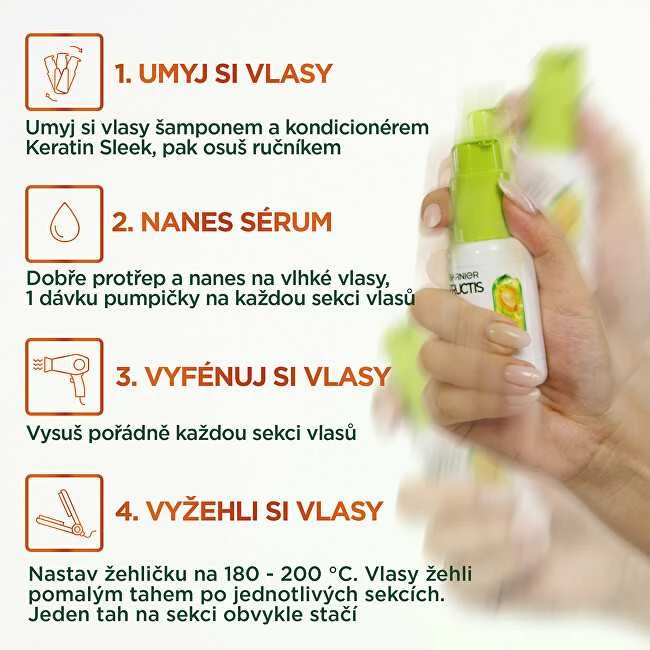 Garnier Serumas sausiems ir besiveliantiems plaukams Fructis Keratin Sleek (šilumos aktyvuojamas serumas) 50 ml