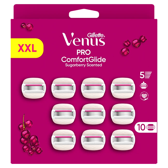 Gillette Venus Pro Comfortglide Sugarberry keičiamos skustuvo galvutės, 10 vnt.