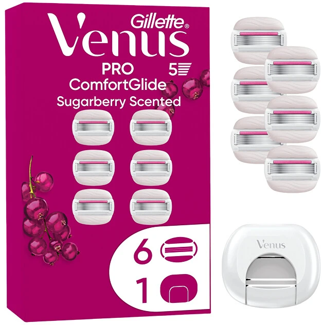 Gillette Venus Pro Comfortglide Sugarberry 6 Keičiamos Skustuvo Galvutės, Peiliukų Laikiklis