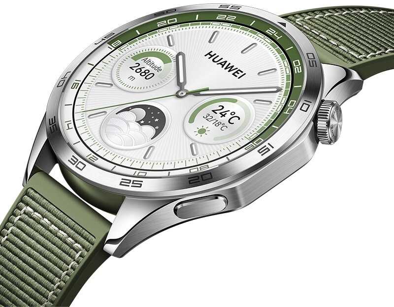 Išmanusis laikrodis Huawei Watch GT 4 Active (46 mm), Nerūdijančio plieno korpusas su austu žalios spalvos kompoziciniu dirželiu