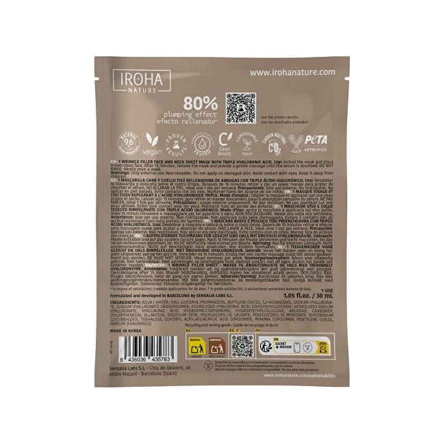 Veido ir kaklo kaukė Iroha Tissue Face & Neck Mask Triple HA, su hialurono rūgštimi, 23 ml