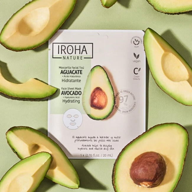 Iroha Nature Drėkinamoji veido kaukė Iroha Hydrating Face Sheet Mask Avocado & Hyaluronic Acid, su avokadu ir hialurono rūgštimi