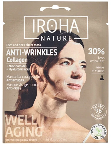 Odos senėjimą stabdanti veido ir kaklo kaukė Iroha Face and Neck Mask Collagen, su kolagenu ir hialuronu, 30 ml