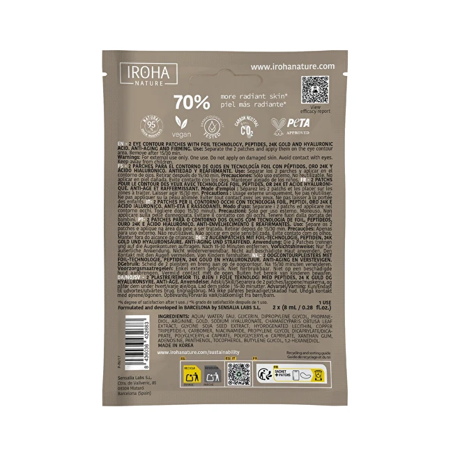 Stangrinamoji paakių kaukė Iroha Nature Gold Anti-age, folijinė, su 24K auksu ir kolagenu, 2 vnt.