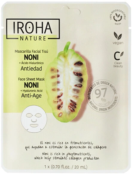 Stangrinamoji veido kaukė Iroha Anti-Age Face Sheet Mask With Noni & Hyaluronic Acid, su morinda ir hialurono rūgštimi