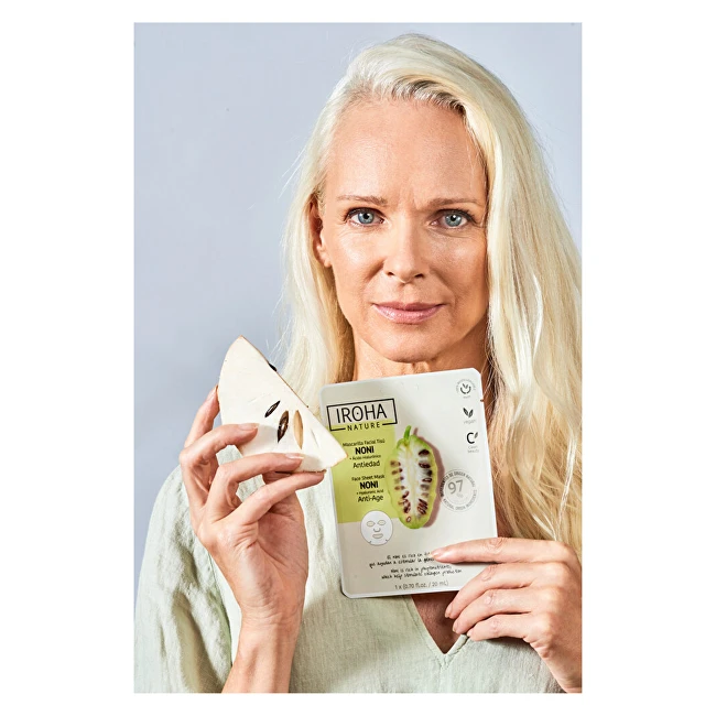 Stangrinamoji veido kaukė Iroha Anti-Age Face Sheet Mask With Noni & Hyaluronic Acid, su morinda ir hialurono rūgštimi