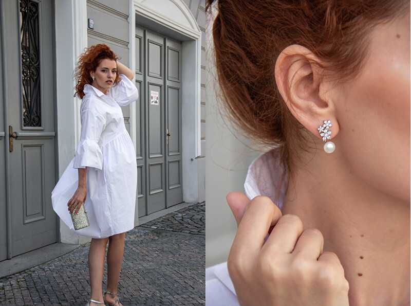 Jwl Luxury Pearls Asimetriški auskarai - dvigubi auskarai su tikru baltu perlu ir išilginiai auskarai su cirkoniais JL0260