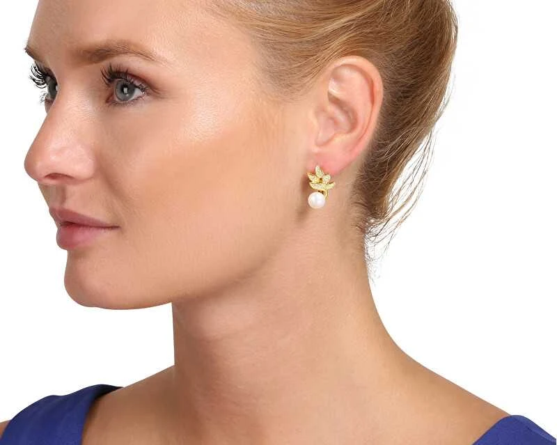 Jwl Luxury Pearls Gražūs paauksuoti auskarai su tikrais perlais ir cirkoniais JL0827