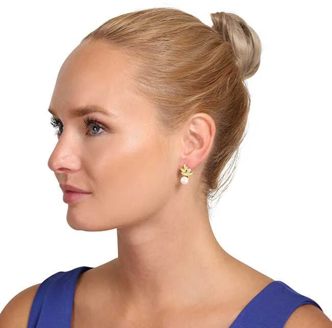 Jwl Luxury Pearls Gražūs paauksuoti auskarai su tikrais perlais ir cirkoniais JL0827