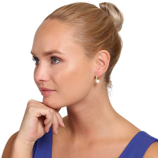 Jwl Luxury Pearls Padorūs paauksuoti tikro perlo ir kubinio cirkonio auskarai JL0850