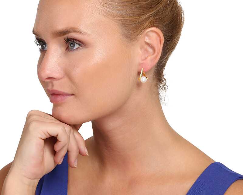 Jwl Luxury Pearls Padorūs paauksuoti tikro perlo ir kubinio cirkonio auskarai JL0850