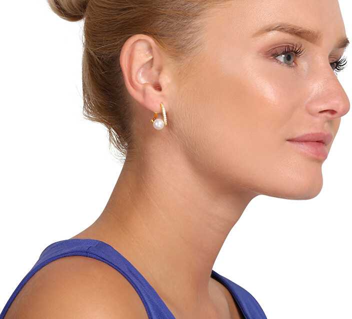 Jwl Luxury Pearls Padorūs paauksuoti tikro perlo ir kubinio cirkonio auskarai JL0850