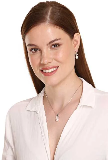 Jwl Luxury Pearls Elegantiškas papuošalų rinkinys su tikru perlu ir cirkoniais JL0746 (grandinė, pakabukas, auskarai)