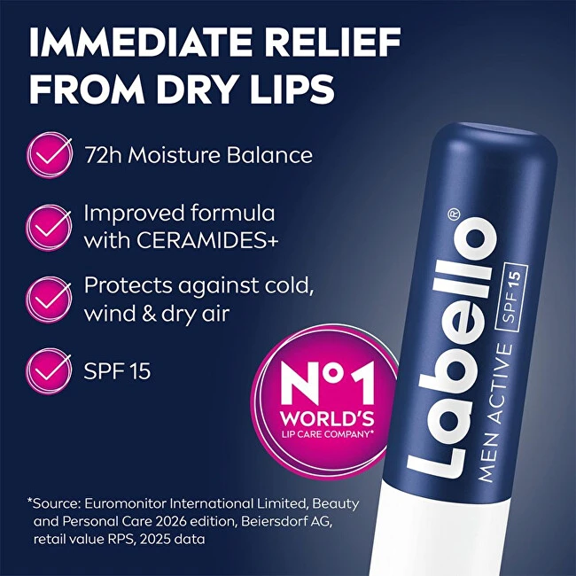 Labello Men Active 24h Moisture Lūpų balzamas Lūpų balzamas vyrams, 4,8 g