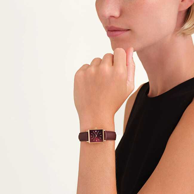 Laikrodis Rosefield „Boxy XS Burgundy Sunray“ tamsiai ruda oda rožinis auksinis QBBLR-Q56