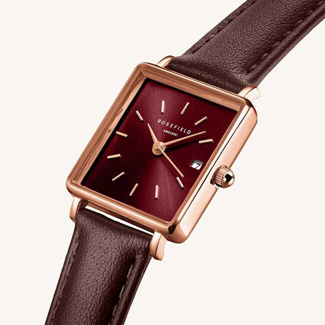 Laikrodis Rosefield „Boxy XS Burgundy Sunray“ tamsiai ruda oda rožinis auksinis QBBLR-Q56